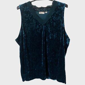 Belle Boho Kim Gravel Crushed Velvet Lace Trim V-Neck Tank Top Women's 4X Blue